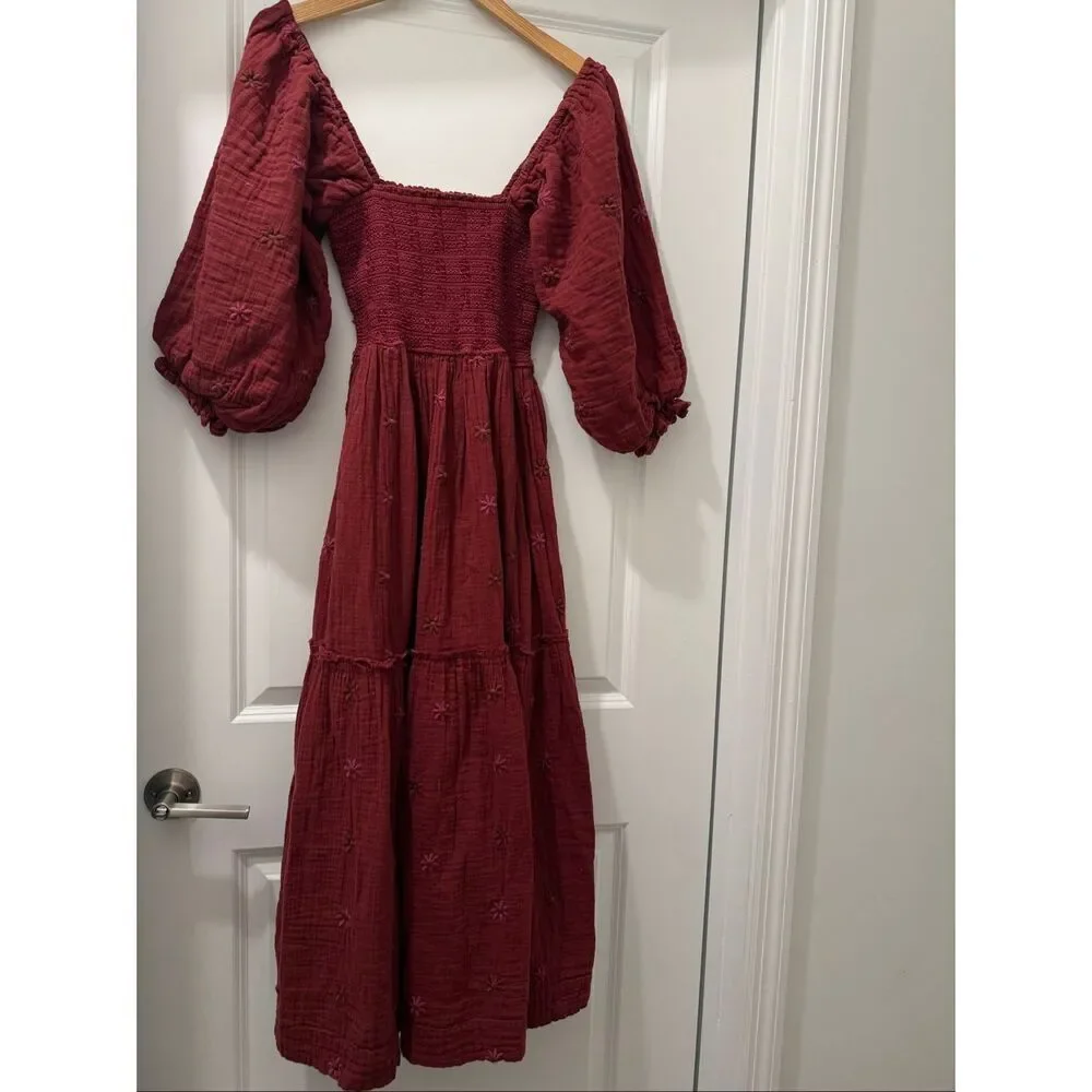 Free People Dahlia Embroidered Maxi Dress Burgundy